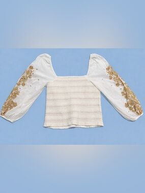 By Anthropologie Smocked Embroidered Boho Blouse XL White Gold Puff Sleeve